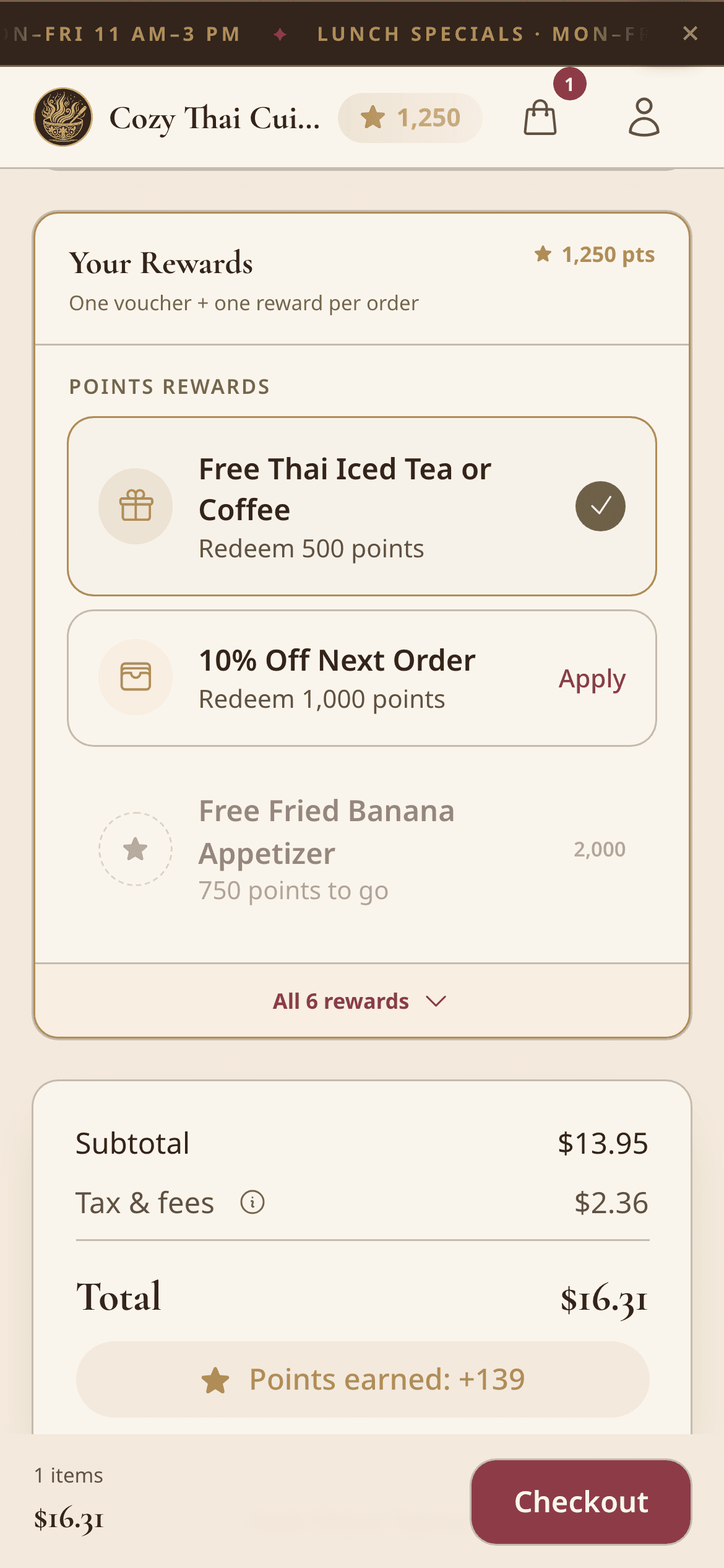 The checkout screen — a free Thai iced tea applied as a reward, with Points earned +139 above the checkout button