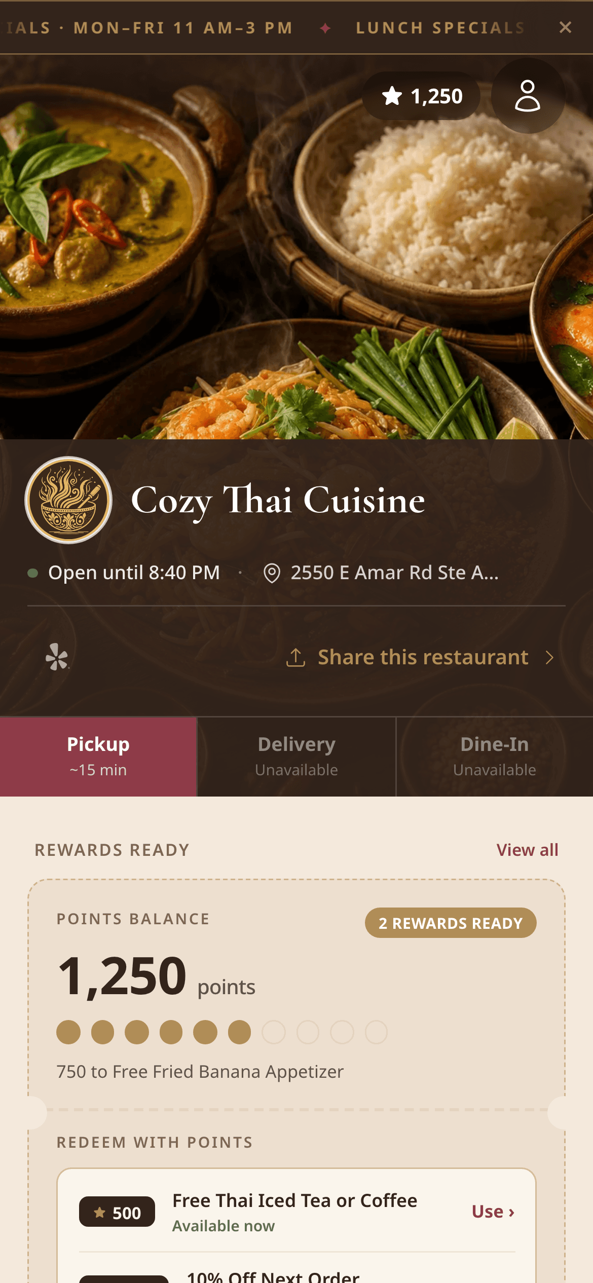 The Cozy Thai ordering screen — browse the menu and order pickup