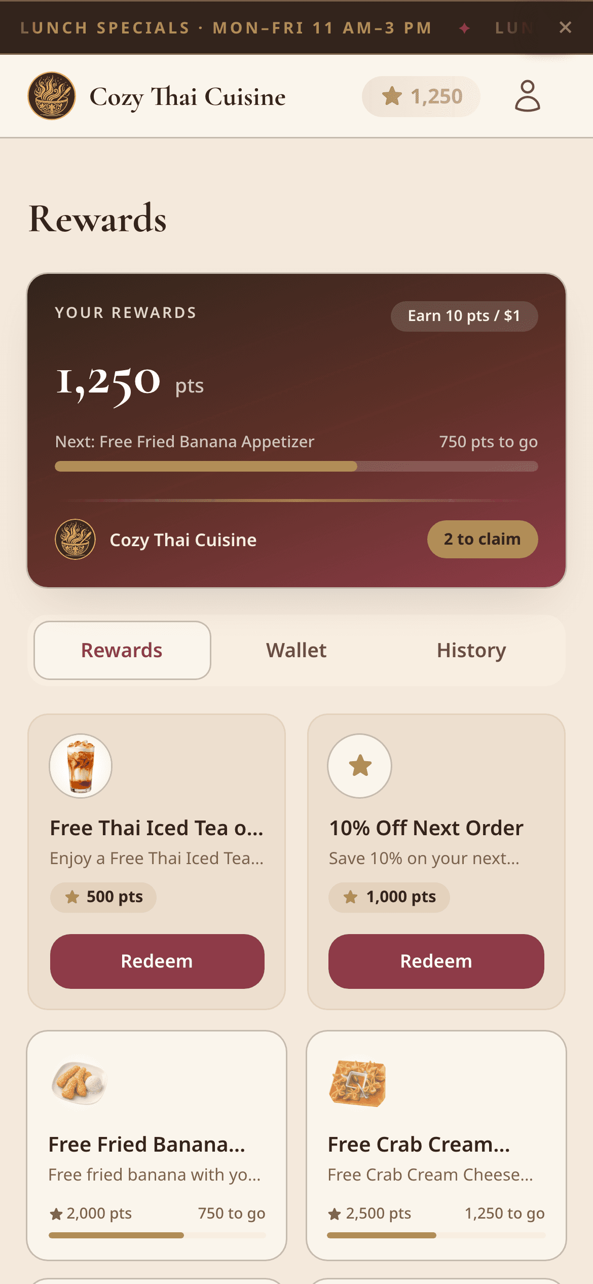 The rewards screen — 1,250 points, progress to the next reward, and redeem buttons