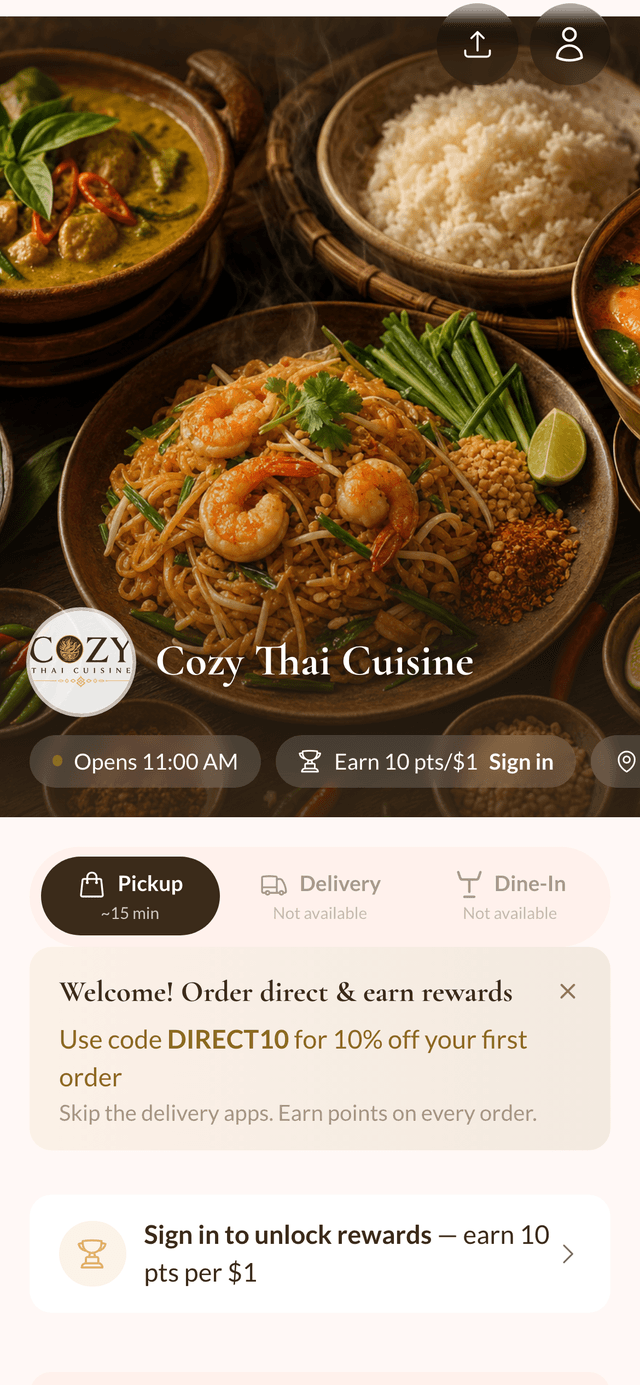 The Cozy Thai ordering page on a phone — browse the menu, order pickup, and earn 10 points per dollar